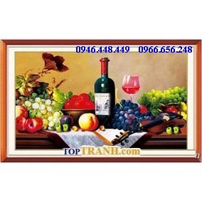 Tranh thêu chai rượu chùm nho